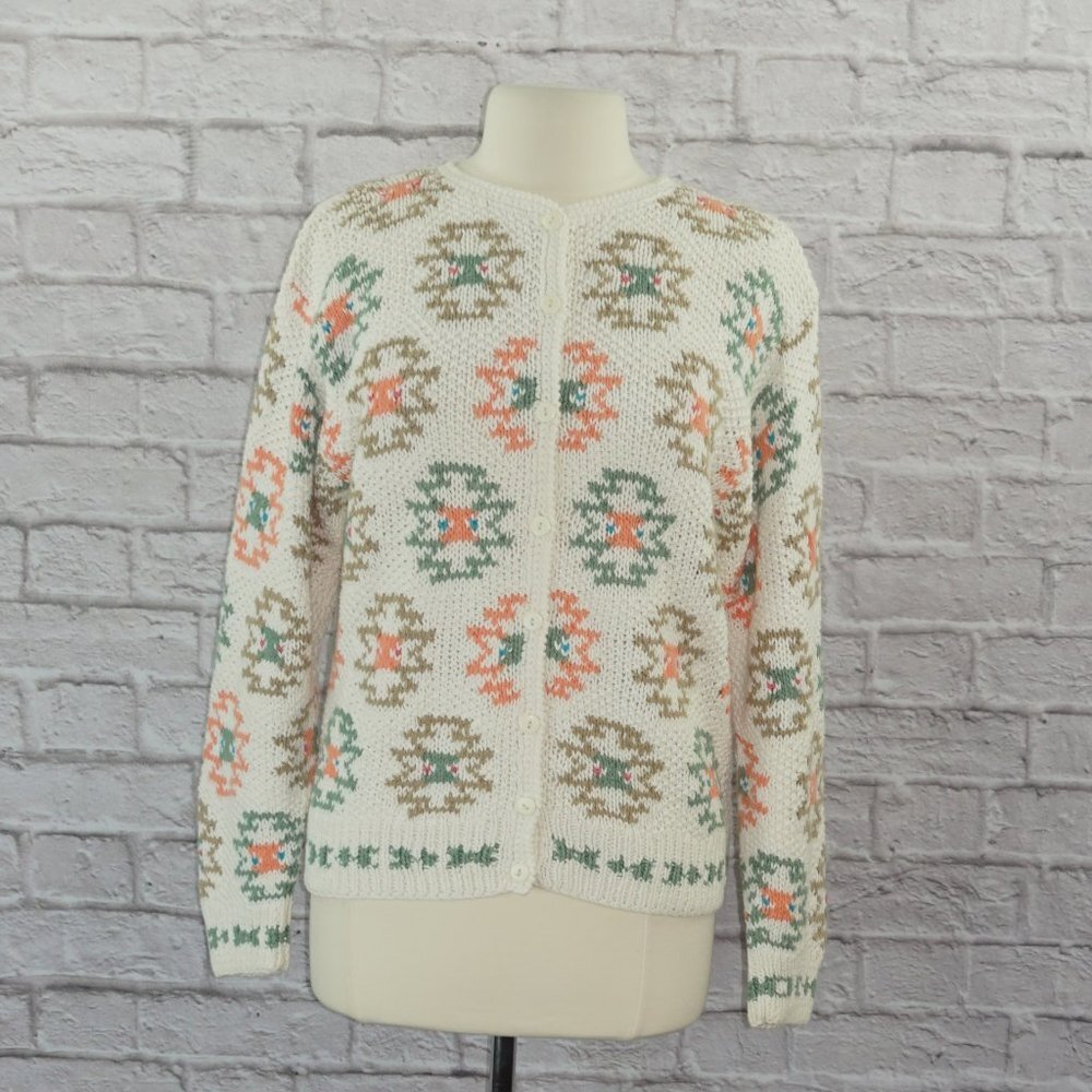 Vintage 90s Woolrich Intarsia Cotton Knit Cardigan Sweater